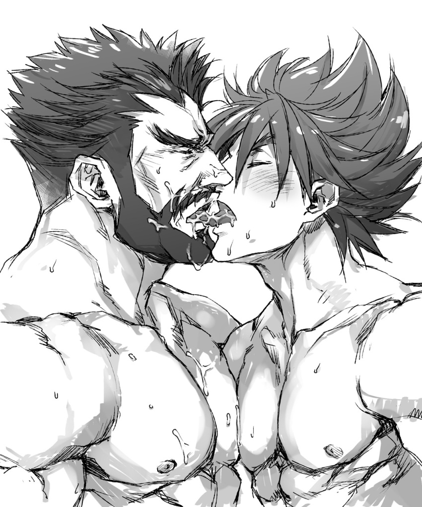 2boys artist_request bara beard blush cheekbones couple facial_hair french_kiss from_side full_beard greyscale highres kiss male_focus mature_male monochrome multiple_boys muscular muscular_male nipples original pectoral_docking pectoral_press profile saliva thick_eyebrows yaoi