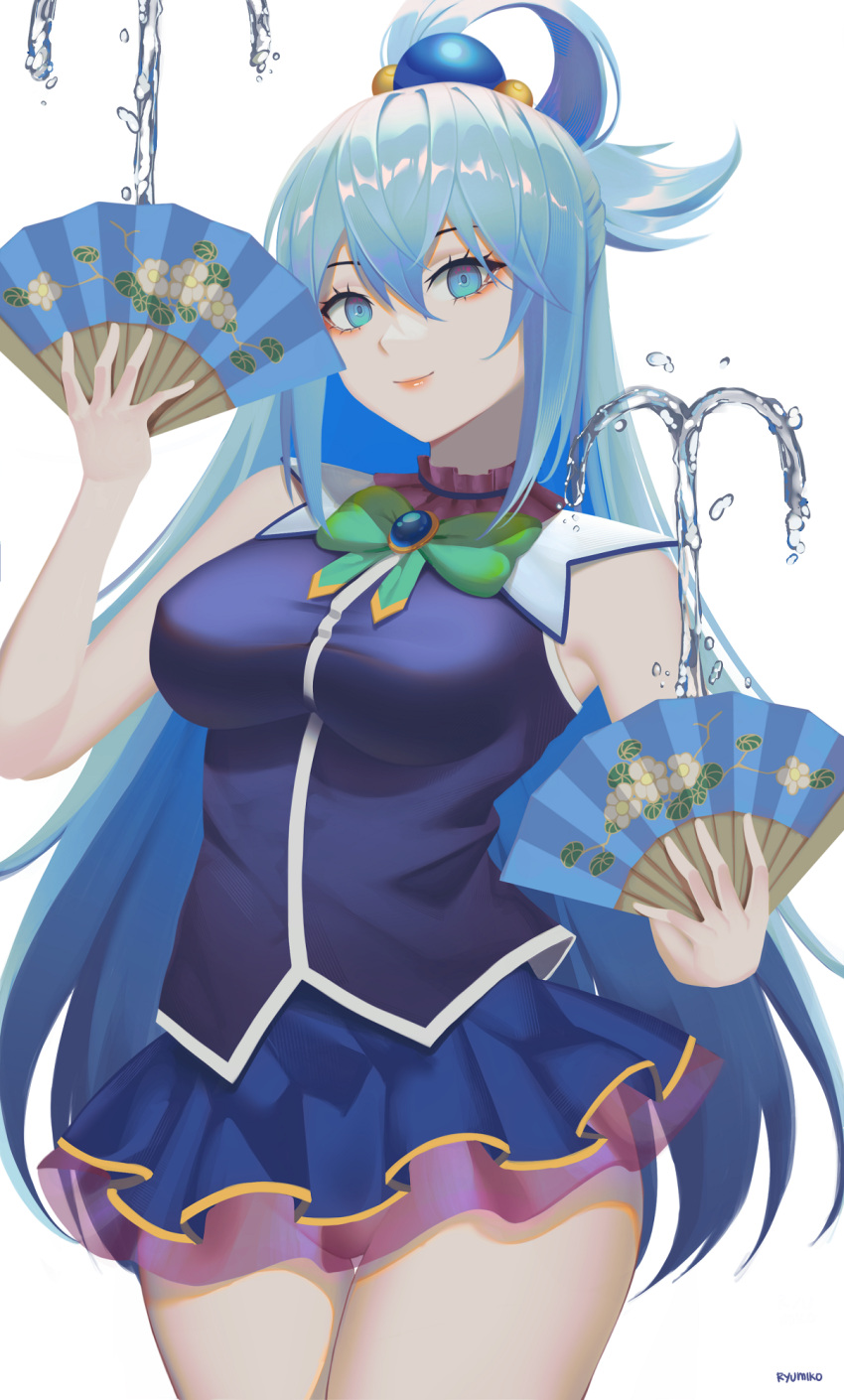 1girl aqua_(konosuba) artist_name bare_arms blue_eyes blue_hair blue_shirt blue_skirt bow bowtie breasts closed_mouth cowboy_shot green_bow green_bowtie hair_ornament hand_fan highres kono_subarashii_sekai_ni_shukufuku_wo! lips long_hair looking_at_viewer magic medium_breasts microskirt no_panties pleated_skirt ryumikooo shirt simple_background single_hair_ring skirt sleeveless sleeveless_shirt solo thighs very_long_hair water white_background