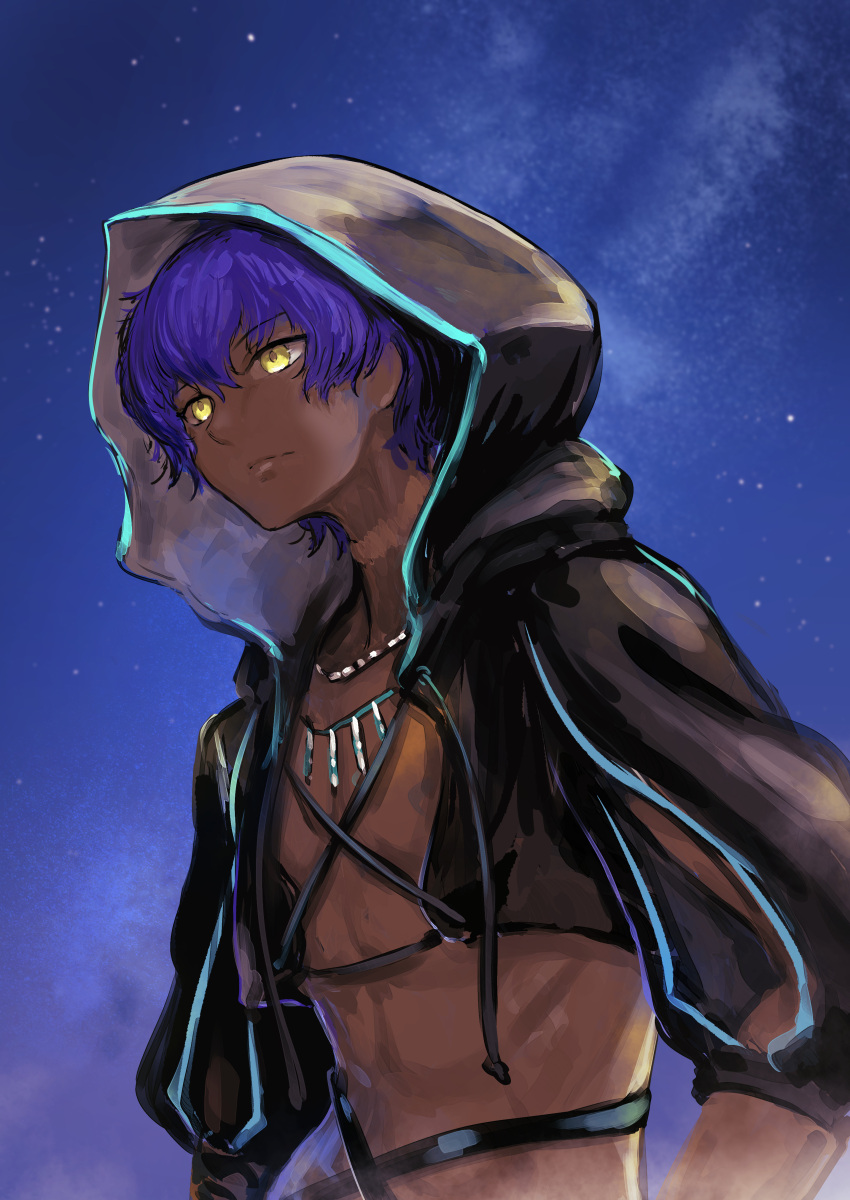 152_in_can 1boy absurdres black_jacket blue_hair dark-skinned_male dark_skin fate/grand_order fate_(series) hassan_of_the_shining_star_(fate) highres hood jacket jewelry male_focus midriff necklace pectorals short_hair sky solo star_(sky) starry_sky yellow_eyes