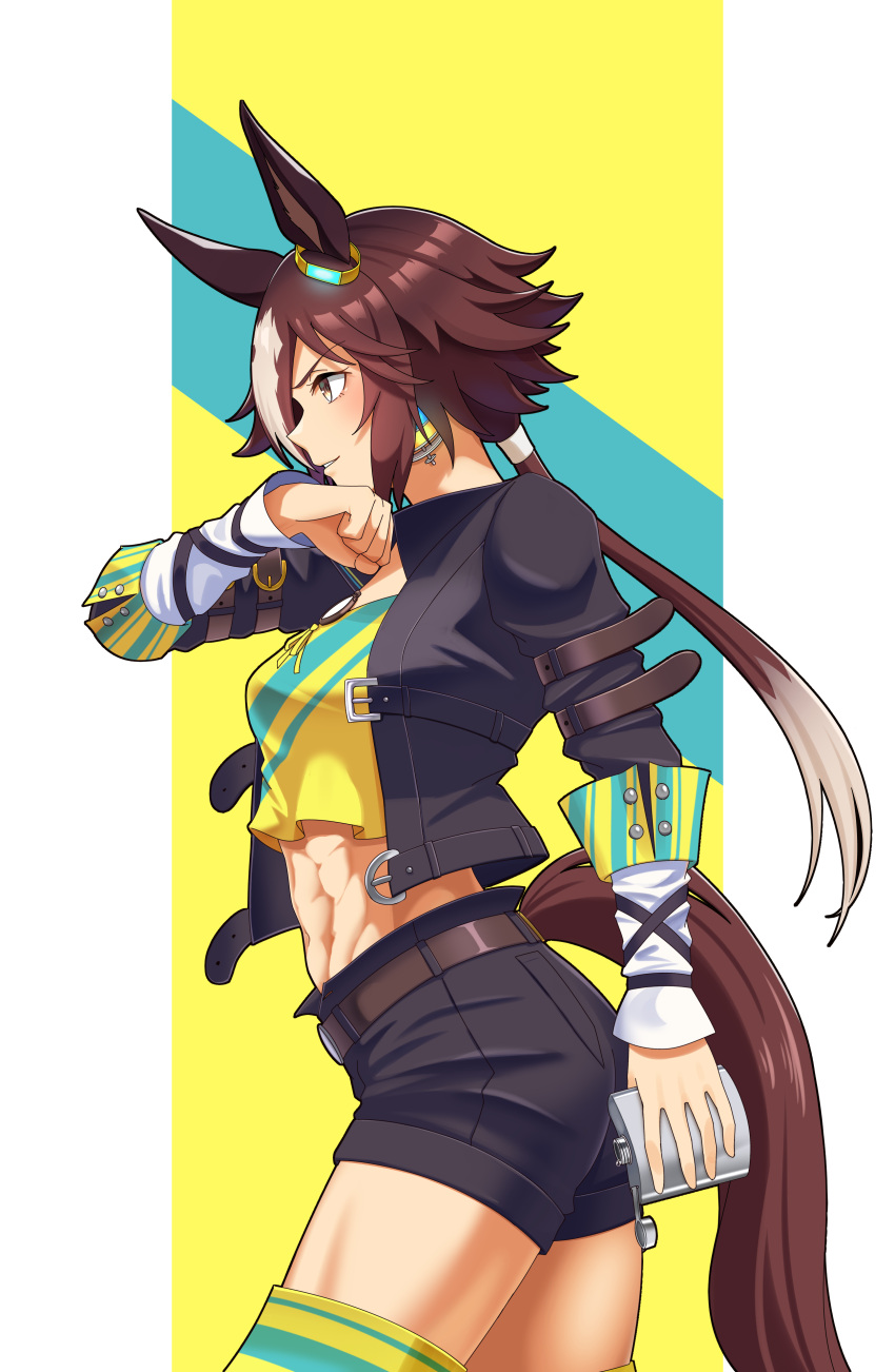 1girl abs absurdres animal_ears breasts brown_eyes brown_hair commentary cowboy_shot ear_ornament from_side hair_between_eyes hair_over_one_eye highres horse_ears horse_girl horse_tail jacket long_hair long_sleeves midriff multicolored_hair navel parted_lips senchan_7 shirt sidelocks small_breasts solo standing stopwatch stopwatch_around_neck tail umamusume vodka_(umamusume) white_hair yellow_shirt