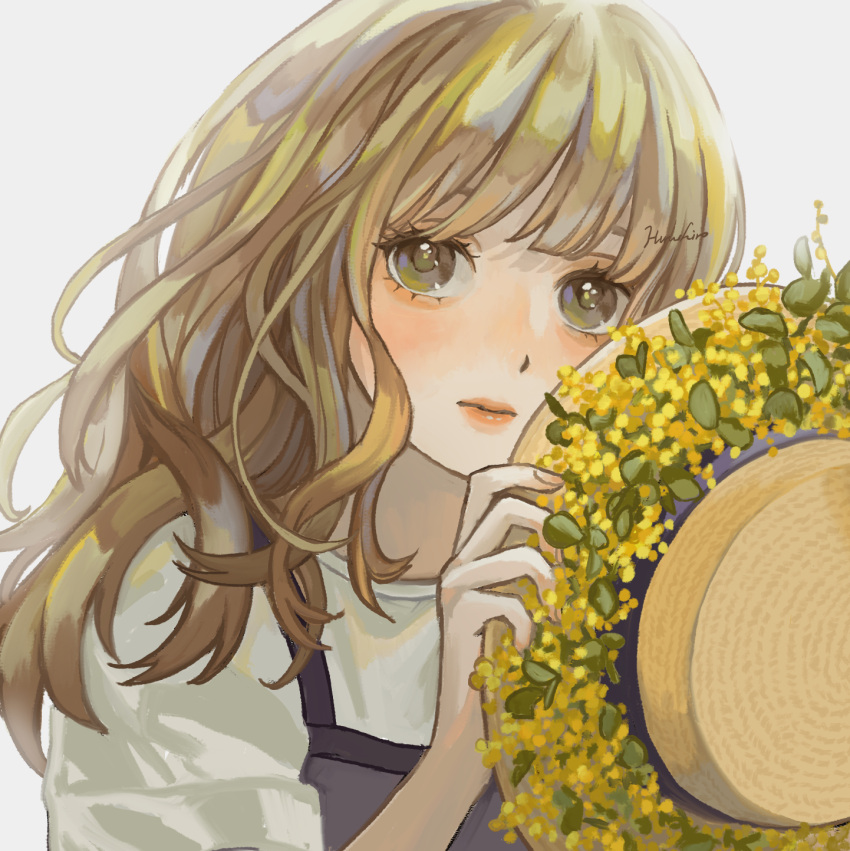 1girl brown_eyes brown_hair expressionless flower gucheng_jianglixiang hat hat_flower highres holding holding_clothes holding_hat long_hair looking_at_viewer mimosa_(flower) original portrait solo sun_hat unworn_hat unworn_headwear