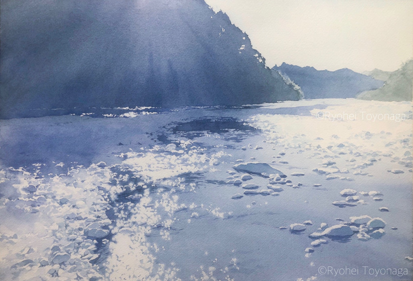 day highres lake light_rays mountain mountainous_horizon no_humans original painting_(medium) reflection reflective_water rock scenery shadow shallow_water sunlight toyonaga_ryouhei traditional_media water watercolor_(medium)