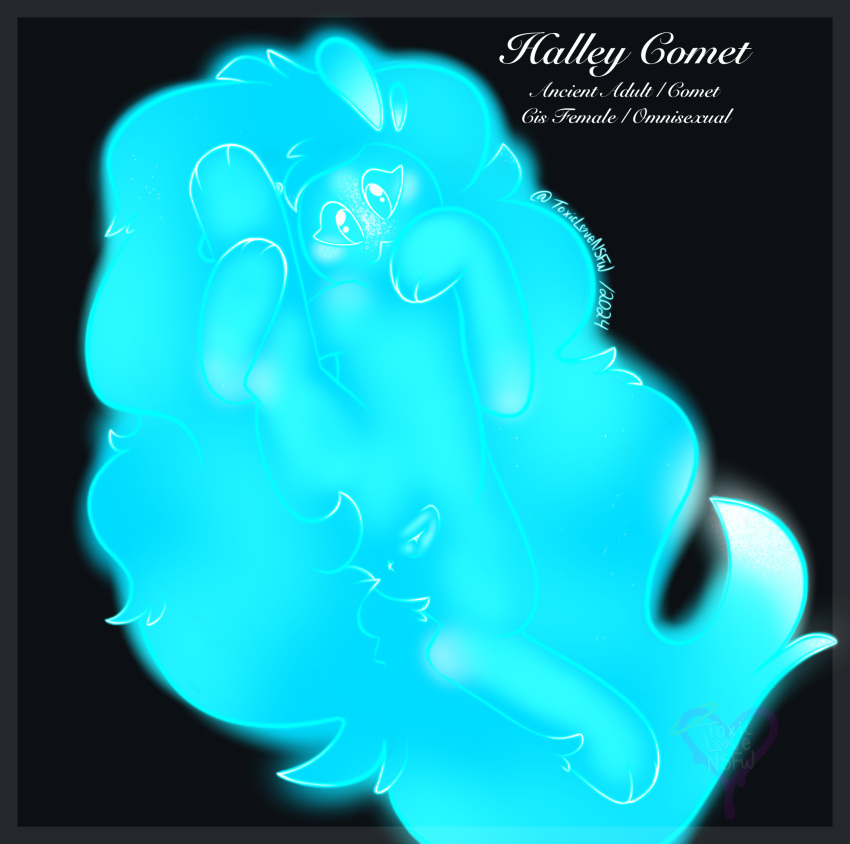 animal_genitalia animal_pussy anus blue_body blue_eyes blue_fur blush butt colored comet digital_drawing_(artwork) digital_media_(artwork) english_text eyelashes felid female feral floating_ears freckles fur genitals glowing glowing_body glowing_eyes hair halley_comet_(demon_ascended) hi_res holding_leg_up innocent_expression long_hair looking_at_viewer lying mammal mouth_closed nude on_back presenting presenting_hindquarters presenting_pussy pussy raised_leg shaded signature simple_background smile solo spread_legs spreading tail text toxic_love_nsfw_(artist) watermark
