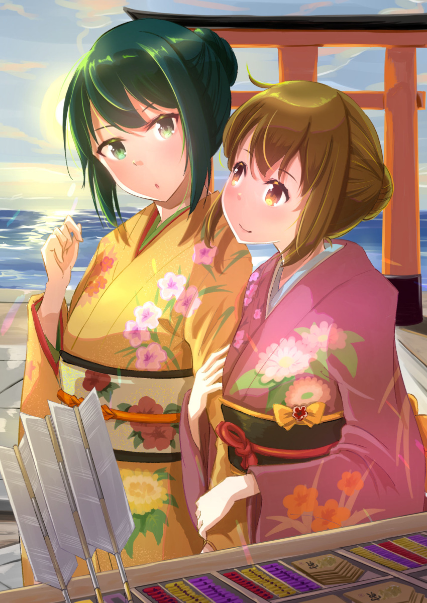 16ochz 2girls beach blue_hair blush breasts brown_eyes brown_hair couple green_eyes green_hair hand_on_another's_arm hatsumoude highres japanese_clothes kimono looking_at_another multiple_girls ocean original outdoors pink_kimono shrine sunrise temple yellow_kimono yukata yuri