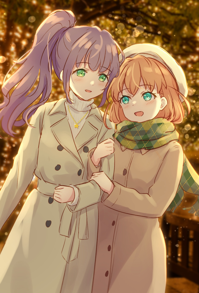 2girls :d absurdres aqua_eyes argyle_clothes argyle_scarf arm_grab beret blurry blurry_background blush brown_coat buttons cerise_bouquet coat crossed_bangs double-breasted flower flower_necklace green_eyes green_scarf hat high_ponytail highres hinoshita_kaho link!_like!_love_live! long_hair long_sleeves looking_at_another love_live! medium_hair multiple_girls open_mouth orange_hair otomune_kozue purple_hair scarf smile sweater turtleneck turtleneck_sweater two_side_up virtual_youtuber white_hat white_sweater yutuki_ame