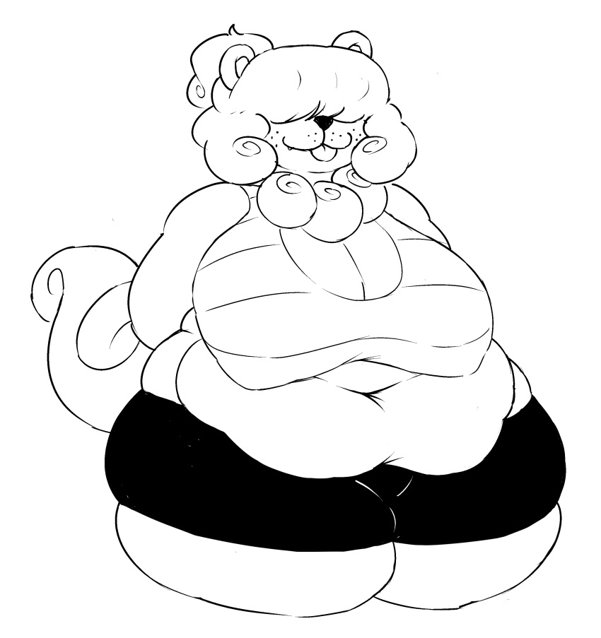 absurd_res anthro belly belly_overhang big_belly big_breasts black_and_white breasts canid canine cleavage clothed clothing dorkass female hair hair_over_eye hair_over_eyes hi_res hisuian_growlithe mammal monochrome navel nintendo obese obese_anthro obese_female one_eye_obstructed overweight overweight_anthro overweight_female pok&eacute;mon pok&eacute;mon_(species) simple_background video_games