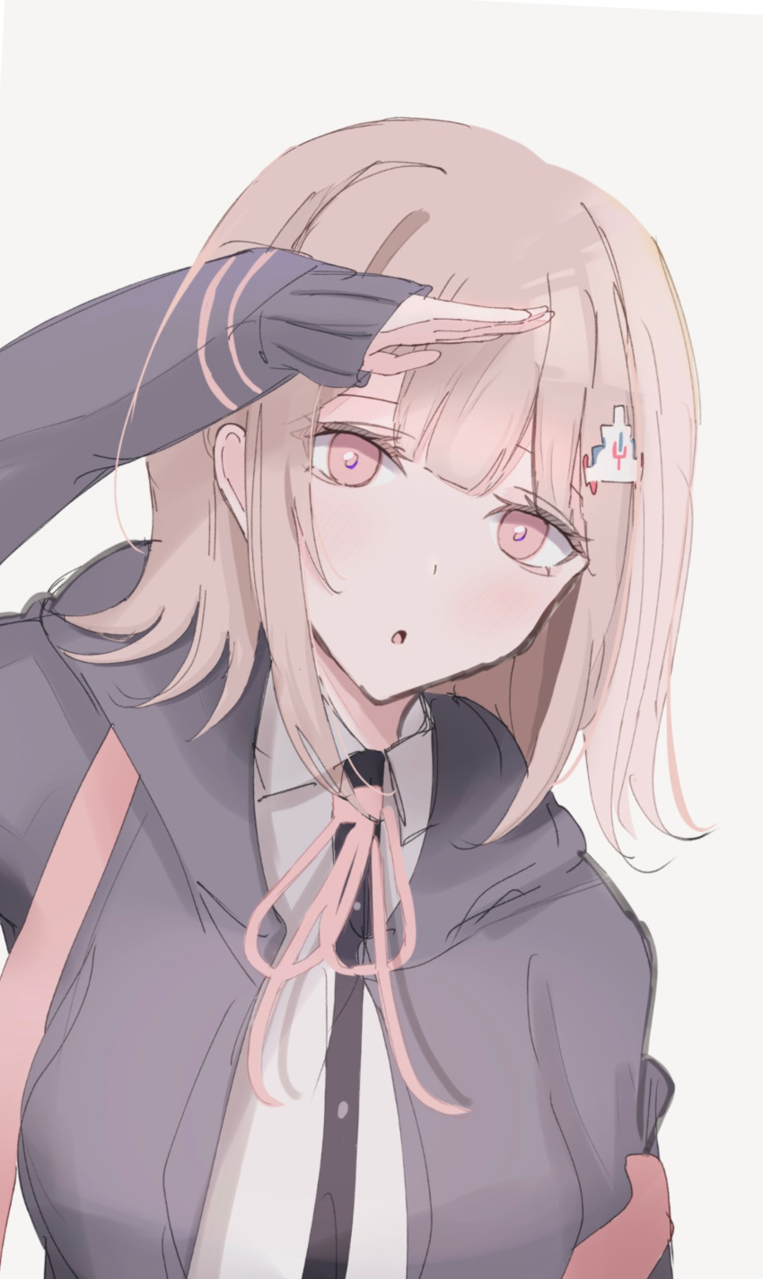 1girl :o absurdres black_shirt brown_hair danganronpa_(series) danganronpa_2:_goodbye_despair dress_shirt highres hood hood_down jacket kori_ha long_sleeves medium_hair nanami_chiaki neck_ribbon open_clothes open_jacket pink_eyes pink_ribbon ribbon shirt solo spaceship_hair_ornament white_shirt