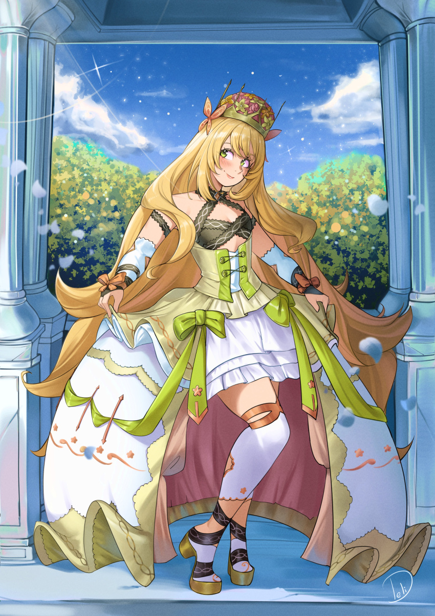 1girl absurdres blonde_hair blue_sky breasts celine_(fire_emblem) closed_mouth clothes_lift clothing_cutout cloud commentary crown deliciousbrain detached_sleeves dress dress_lift fire_emblem fire_emblem_engage full_body green_dress green_eyes high_heels highres layered_dress long_dress long_hair multicolored_clothes multicolored_dress pillar sky sleeveless sleeveless_dress small_breasts smile solo sparkle standing very_long_hair white_dress