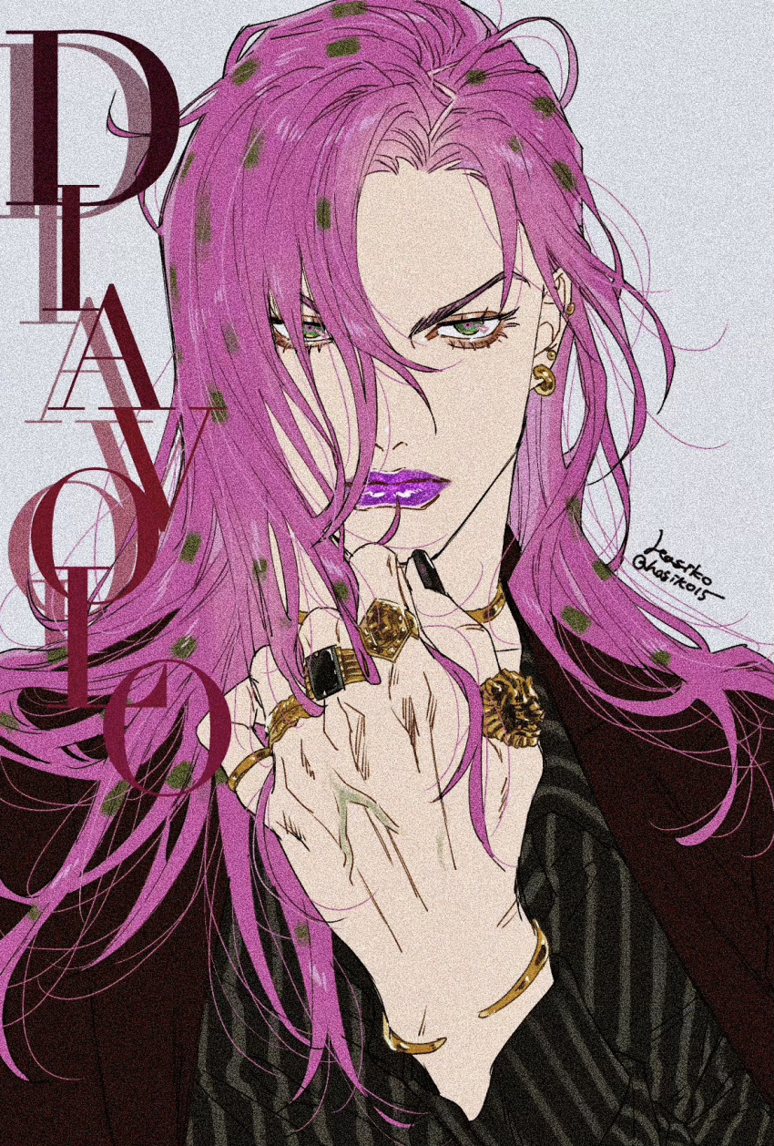 1boy bracelet brown_suit character_name diavolo ear_piercing earrings film_grain formal gold_bracelet gold_earrings green_eyes hagiko15 hair_between_eyes highres jewelry jojo_no_kimyou_na_bouken long_hair looking_at_viewer male_focus piercing pink_hair polka_dot_hair purple_lips ring shirt signature simple_background solo striped_clothes striped_shirt suit twitter_username upper_body veins veiny_hands vento_aureo white_background