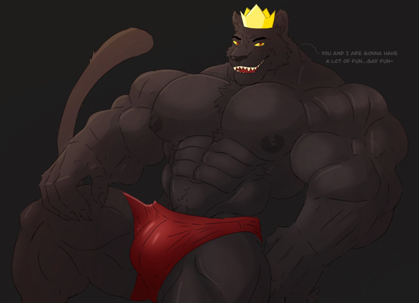 anthro barazoku big_pecs black_body black_fur bulge crown danny_smoke_in_furry_land dialogue eyebrows felid fur headgear hi_res king king_magnum male mammal muscular muscular_anthro muscular_male nic024 nipples pantherine pecs royalty sharp_teeth sitting smile solo tail teeth