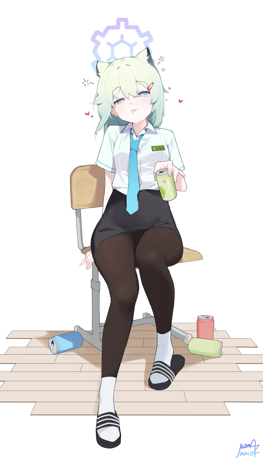 1girl absurdres alternate_costume animal_ears aqua_necktie black_pantyhose black_skirt blue_archive blush can chair drink_can extra_ears full_body green_hair halo heart highres holding holding_can looking_at_viewer miniskirt mona_kkkk necktie pantyhose school_chair school_uniform shigure_(blue_archive) shirt short_sleeves signature sitting skirt slippers smile socks solo squeans tongue tongue_out weasel_ears white_shirt white_socks wooden_floor