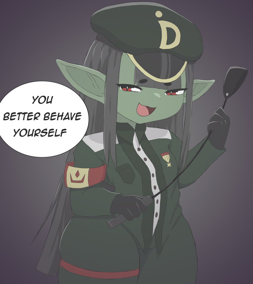 absurd_res black_hair clothing dialogue digeldickerson english_text fan_character female goblin green_body green_clothing green_hat green_headwear hair hat headgear headwear hi_res holding_object holding_whip humanoid humanoid_pointy_ears long_hair looking_at_viewer medal military_cap military_uniform open_mouth red_eyes short_stack simple_background solo talking_to_viewer teasing text thick_thighs tongue uniform whip