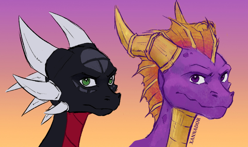 2021 2_horns activision cynder dated digital_media_(artwork) dragon duo female green_eyes horn male multi_horn mythological_creature mythological_scalie mythology purple_eyes scalie signature simple_background spyro spyro_the_dragon the_legend_of_spyro xannador