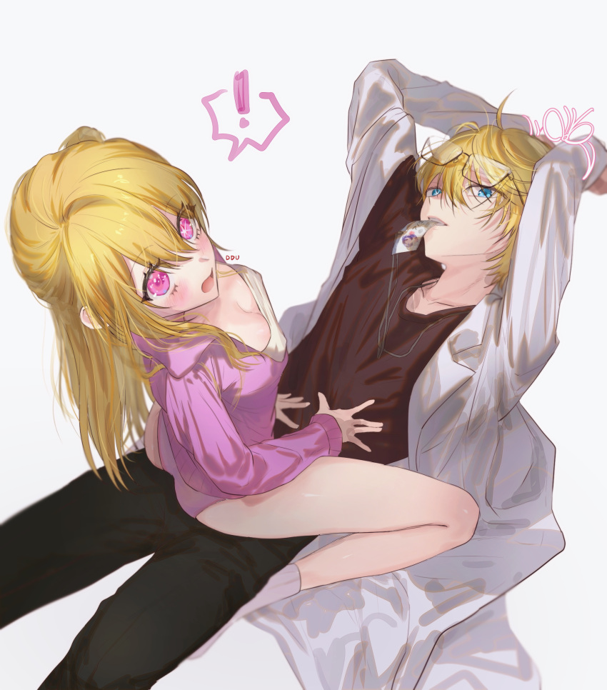 ! 1boy 1girl artist_name black_pants black_shirt blonde_hair blue_eyes blush bound bound_wrists breasts brother_and_sister cleavage coat commentary_request ddu_45 glasses highres hoshino_aquamarine hoshino_ruby incest korean_commentary lab_coat medium_breasts mismatched_pupils mouth_hold one_side_up open_mouth oshi_no_ko panties pants pink_eyes pink_panties pink_shirt shirt short_hair siblings sidelocks spoken_exclamation_mark star-shaped_pupils star_(symbol) straddling surprised symbol-shaped_pupils twincest twins underwear white_coat