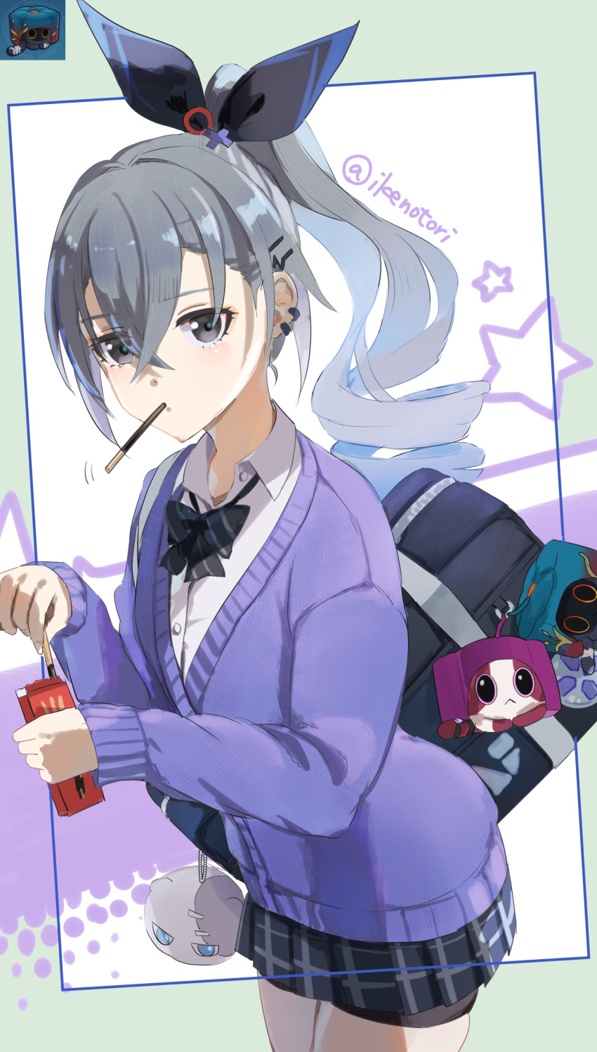 1girl bag bike_shorts black_bow black_bowtie blade_(honkai:_star_rail) blade_(sesame_cake)_(honkai:_star_rail) blush bow bowtie box cardigan collared_shirt cowboy_shot critter_pick_(honkai:_star_rail) dress_shirt drill_hair drill_ponytail earrings food food_in_mouth grey_eyes grey_hair hair_ornament hairclip highres holding holding_box honkai:_star_rail honkai_(series) ikenotori jewelry kafka_(honkai:_star_rail) kafka_(shader_cat)_(honkai:_star_rail) long_hair long_sleeves looking_at_viewer plaid plaid_skirt pocky pocky_in_mouth purple_cardigan school_bag school_uniform screenshot_inset shirt silver_wolf_(honkai:_star_rail) skirt solo star_(symbol) twitter_username white_shirt wubbaboo_(honkai:_star_rail)