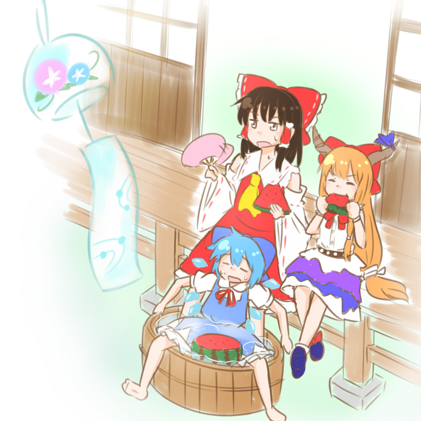 3girls ascot blue_bow blue_dress blue_hair bow brown_hair cirno closed_eyes detached_sleeves detached_wings dress eating fairy fairy_wings food frilled_bow frilled_hair_tubes frills fruit hair_bow hair_tubes hakurei_reimu hand_fan highres holding holding_fan horn_ornament horn_ribbon horns ibuki_suika ice ice_wings long_hair multiple_girls oni orange_hair pinafore_dress purple_skirt red_bow red_skirt ribbon ribbon-trimmed_sleeves ribbon_trim short_hair skirt skirt_set sleeveless sleeveless_dress sweat sweatdrop touhou very_long_hair water watermelon watermelon_slice wind_chime wings yakousei_no_kame yellow_ascot