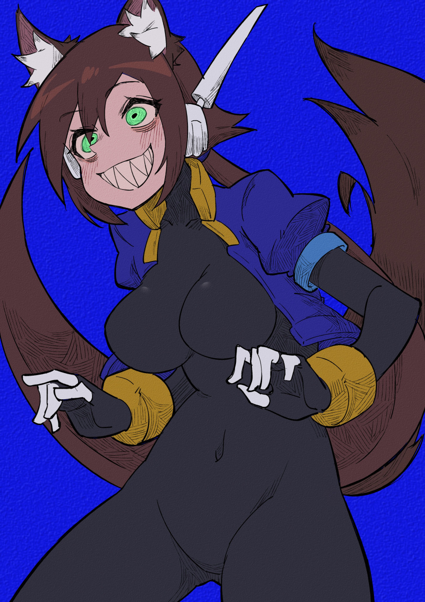1girl absurdres aile_(mega_man_zx) animal_ear_fluff animal_ears black_bodysuit blue_background blue_jacket blush bodysuit bodysuit_under_clothes breasts brown_hair brown_tail buzzlyears commentary covered_collarbone covered_navel cropped_jacket dog_ears dog_girl dog_tail faux_traditional_media glowing green_eyes highres jacket large_breasts long_hair looking_at_viewer mega_man_(series) mega_man_zx mega_man_zx_advent no_pants open_clothes open_jacket ponytail robot_ears sharp_teeth simple_background smile smirk solo tail teeth