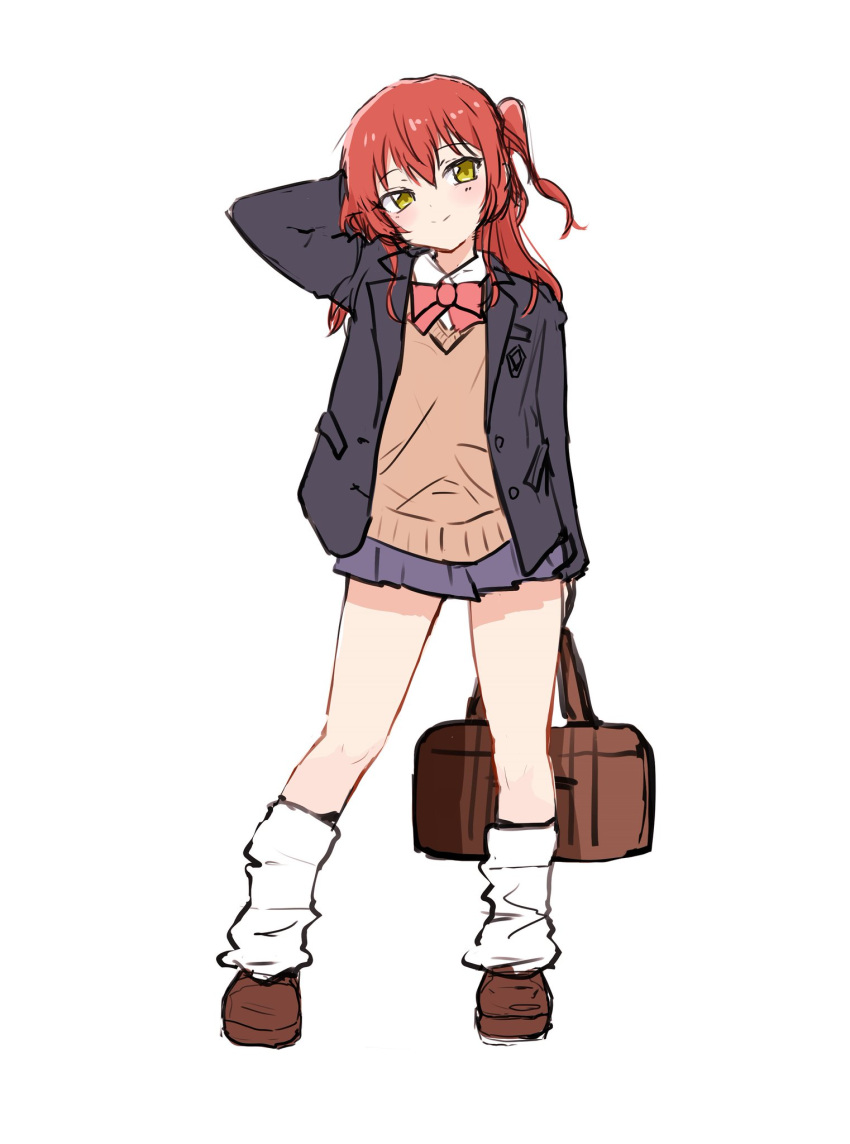 1girl arm_behind_head bag bocchi_the_rock! bow bowtie brown_vest full_body green_eyes highres jacket kita_ikuyo loafers loose_socks miniskirt one_side_up open_clothes open_jacket pleated_skirt red_hair rudo_(rudorudo0917) school_bag school_uniform shoes shuka_high_school_uniform skirt socks thighs vest white_background white_socks