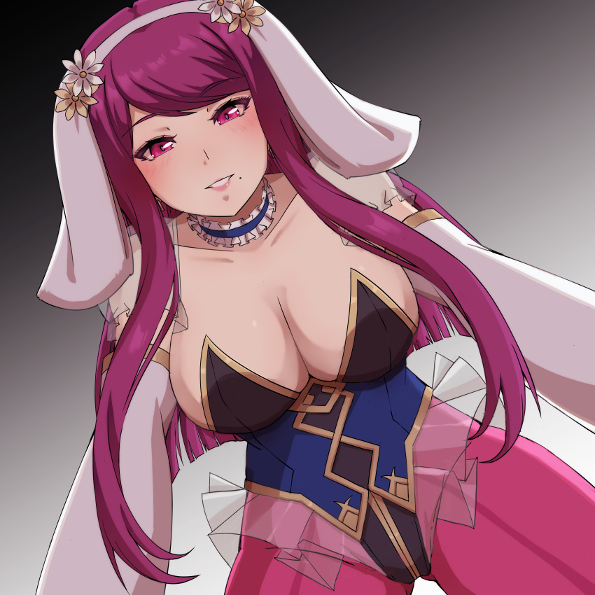 1girl absurdres animal_ears breasts cleavage collar elbow_gloves fire_emblem fire_emblem_engage fire_emblem_heroes floppy_ears frilled_collar frilled_leotard frills gloves highres ivy_(fire_emblem) large_breasts leotard long_hair looking_at_viewer lucky_zero mole mole_under_mouth nontraditional_playboy_bunny pantyhose pov purple_eyes purple_hair purple_pantyhose see-through see-through_sleeves smile solo strapless strapless_leotard very_long_hair