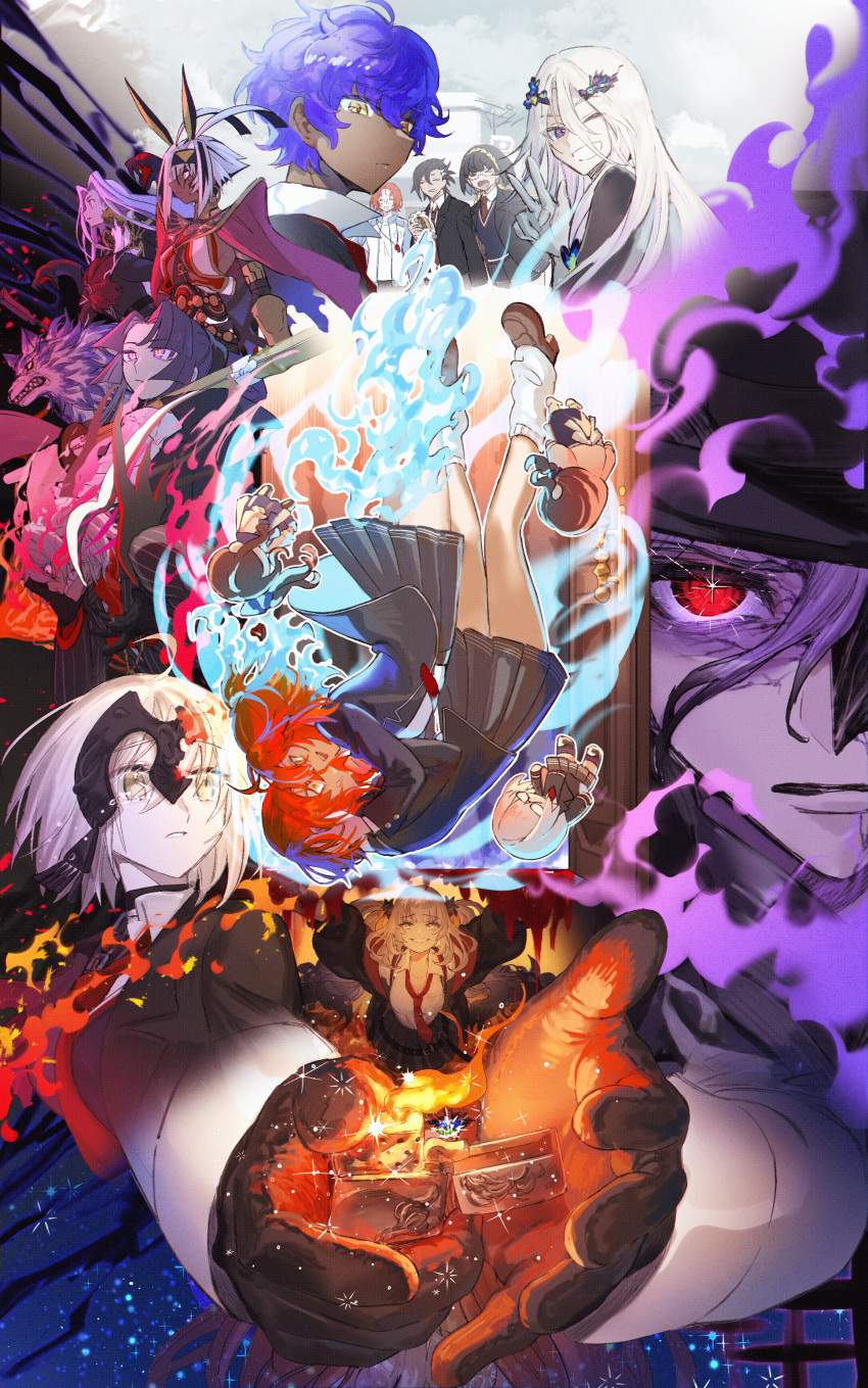 6+boys 6+girls absurdres ahoge animal animal_ears ankh ankh_necklace antenna_hair antonio_salieri_(fate) antonio_salieri_(second_ascension)_(fate) ascot bare_shoulders black_choker black_gloves black_hair black_jacket black_suit boudica_(fate) bracer breasts burger cape choker cleavage cloak collared_shirt colored_inner_hair cracked_skin cross-shaped_pupils dark-skinned_female dark-skinned_male dark_persona dark_skin earrings edmond_dantes_(fate) evil_eyes facepaint facial_mark fate/grand_order fate_(series) fire flower_wreath food forehead formal fujimaru_ritsuka_(female) glass gloves glowing gorgon_(fate) gradient_hair grey_hair hair_between_eyes hair_bun half_mask hassan_of_the_shining_star_(fate) hat head_wreath headband headless headpiece hessian_(fate) highres holding holding_food holding_lighter hoop_earrings jackal jackal_ears jacket jeanne_d'arc_alter_(avenger)_(fate) jeanne_d'arc_alter_(fate) jewelry large_breasts lighter lobo_(fate) long_hair long_sleeves looking_at_viewer mandricardo_(fate) marie_antoinette_(alter)_(fate) marie_antoinette_(alter)_(first_ascension)_(fate) marie_antoinette_(fate) mask medium_breasts medusa_(fate) monster_girl multicolored_eyes multicolored_hair multiple_boys multiple_girls nitocris_(fate) nitocris_alter_(fate) nitocris_alter_(second_ascension)_(fate) official_alternate_costume open_clothes open_jacket orange_hair osakabehime_(fate) oversized_animal pants parted_bangs pinstripe_jacket pinstripe_pants pinstripe_pattern pinstripe_suit purple_eyes purple_fire purple_hair red_ascot red_cape red_eyes riding scales school_uniform shirt short_hair side_ponytail sidelocks single_side_bun skirt snake_hair streaked_hair striped_suit sugomori_tsuru_(artist) suit sweater_vest sword symbol-shaped_pupils taira_no_kagekiyo_(fate) the_count_of_monte_cristo_(fate) track_jacket twintails two_side_up usekh_collar ushiwakamaru_(fate) v weapon whistle white_hair white_shirt wolf wolfgang_amadeus_mozart_(fate) wooden_sword yellow_eyes