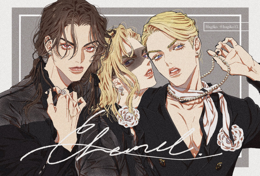 3boys aegyo_sal artist_name black_jacket black_nails blonde_hair blue_eyes brown_hair collarbone collared_shirt eye_mask film_grain hagiko15 highres illuso jacket jewelry jojo_no_kimyou_na_bouken lips long_hair long_sleeves looking_at_viewer male_focus melone multiple_boys necklace parted_bangs parted_lips pearl_necklace pectoral_cleavage pectorals prosciutto red_eyes scarf shirt twitter_username veins veiny_hands vento_aureo white_scarf