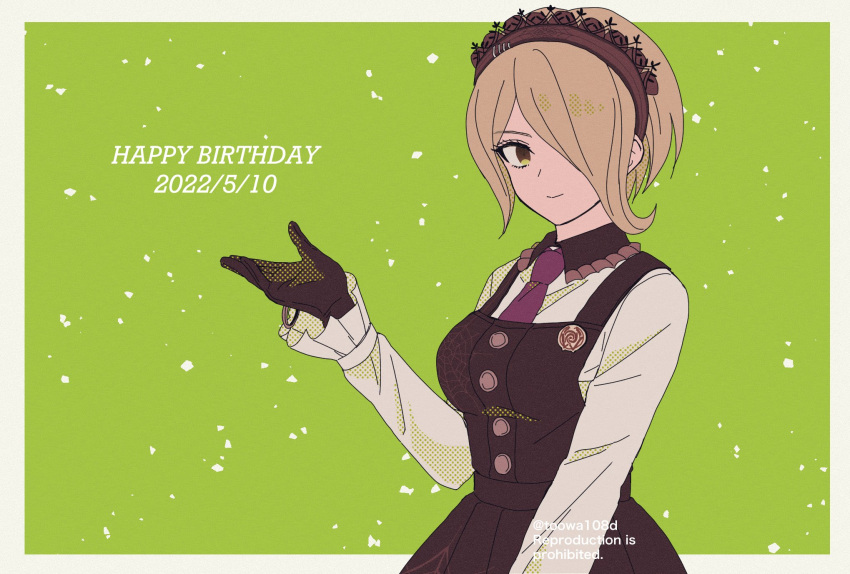 108_(toowa) 1girl bangs black_gloves black_hairband blonde_hair border breasts buttons closed_mouth collared_shirt commentary_request danganronpa_(series) danganronpa_v3:_killing_harmony dated dress gloves green_background green_eyes hair_over_one_eye hairband hand_up happy_birthday highres large_breasts long_sleeves looking_at_viewer necktie pinafore_dress purple_necktie shirt short_hair smile solo spider_web_print toujou_kirumi white_border