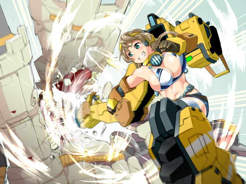 abs ai_yori_akashi blue_eyes bra breasts brown_gloves ciel_dragbucket cosmic_break denim denim_shorts gloves grin highres large_breasts light_brown_hair mecha_musume punching short_shorts shorts smile teeth underwear white_bra