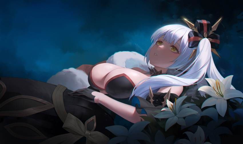 1girl absurdres bare_shoulders black_dress black_gloves blush breasts cleavage cloak detached_collar dress fate/grand_order fate_(series) flower fur-trimmed_cloak fur_trim gloves hair_ornament half_gloves highres large_breasts long_hair lying marie_antoinette_(alter)_(fate) marie_antoinette_(alter)_(third_ascension)_(fate) marie_antoinette_(fate) off_shoulder on_back parted_lips red_cloak side_ponytail solo very_long_hair white_hair yaxiya yellow_eyes