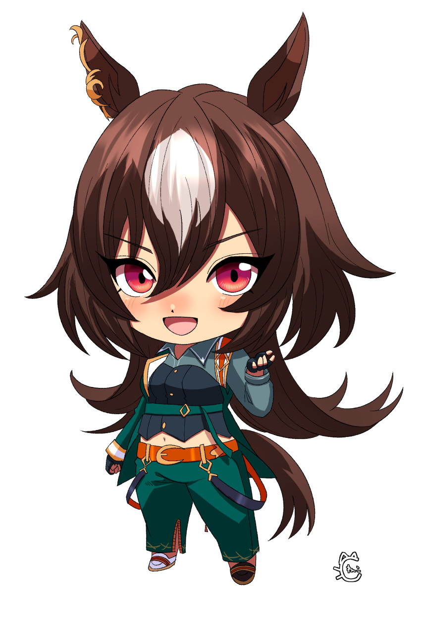 1girl absurdres animal_ears asymmetrical_footwear belt blush breasts brown_belt brown_footwear brown_hair chibi cleavage collared_shirt color_neko_(user_yfvc3323) commentary_request ear_ornament fingerless_gloves full_body gloves green_jacket green_pants grey_shirt grin hair_between_eyes highres horse_ears horse_girl horse_tail jacket long_hair long_sleeves looking_at_viewer medium_breasts midriff_peek mismatched_footwear multicolored_hair navel pants red_eyes shirt signature sirius_symboli_(umamusume) smile solo streaked_hair tail umamusume upper_body very_long_hair white_footwear white_hair