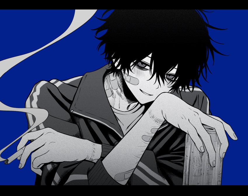 1boy absurdres bags_under_eyes bandaid bandaid_on_arm bandaid_on_cheek bandaid_on_face bandaid_on_neck blue_background can cigarette greyscale hair_between_eyes highres holding holding_can holding_cigarette imai_akira jacket letterboxed looking_at_viewer male_focus messy_hair monochrome original scar self-harm_scar shirt smoke smoking solo track_jacket upper_body