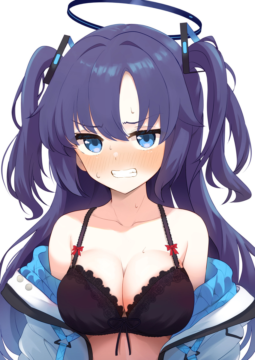 1girl absurdres aoto_mei bare_shoulders black_bra black_halo blue_archive blue_eyes blush bow bow_bra bra breasts cleavage clenched_teeth collarbone commentary full-face_blush halo highres jacket jacket_partially_removed long_hair looking_at_viewer mechanical_halo medium_breasts purple_hair shirt solo sweat teeth triangle_hair_ornament underwear upper_body white_background yuuka_(blue_archive)