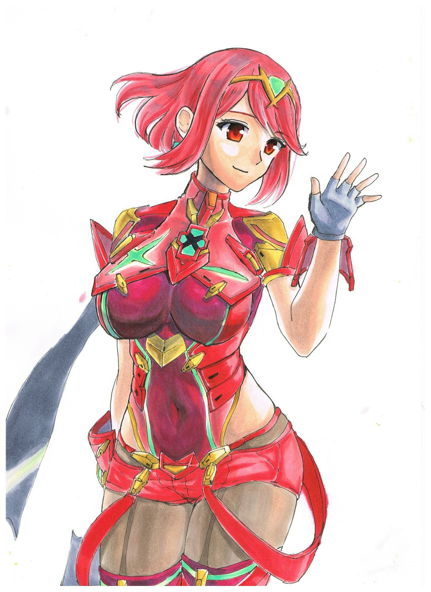 1girl backless_outfit black_gloves bob_cut breasts chest_jewel core_crystal_(xenoblade) drop_earrings earrings fingerless_gloves gloves highres impossible_clothes jewelry large_breasts pantyhose pantyhose_under_shorts pyra_(xenoblade) red_eyes red_hair red_shorts short_hair short_sleeves shorts sketch skindentation solo super_smash_bros. suspenders swept_bangs thighhighs thighhighs_over_pantyhose tiara watari_(eaka) xenoblade_chronicles_(series) xenoblade_chronicles_2