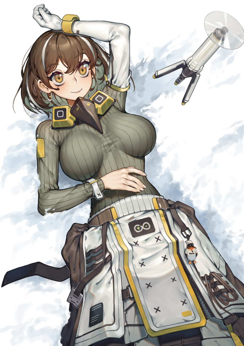 1girl arknights arm_up bird_mask breasts brown_hair drone elbow_gloves fingernails gloves highres impossible_clothes impossible_shirt large_breasts long_sleeves looking_at_viewer magallan_(arknights) mask mask_around_neck multicolored_hair mwomwomwo on_ground rhine_lab_logo shirt short_hair single_glove smile snow solo streaked_hair tripod white_gloves white_hair yellow_eyes