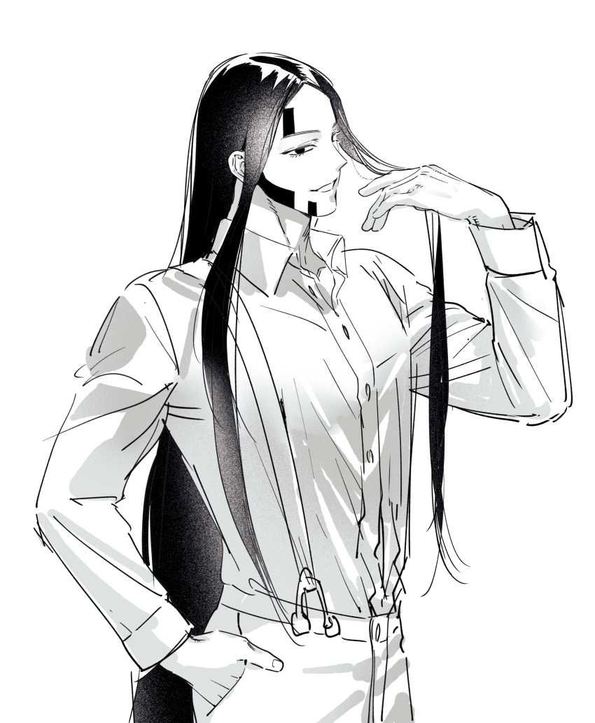 1boy absurdres collared_shirt cowboy_shot dress_shirt facial_mark golden_kamuy greyscale hair_lift hand_in_own_hair hand_up highres korean_commentary long_hair long_sleeves male_focus monochrome noeardog oosawa_fusatarou shirt simple_background smile solo straight_hair suspenders very_long_hair