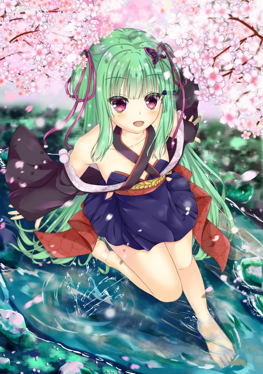 1girl :d bare_shoulders barefoot black_kimono blunt_bangs butterfly_hair_ornament cherry_blossoms collarbone commentary_request criss-cross_halter day detached_sleeves foreshortening from_above full_body green_hair hair_ornament hair_ribbon halterneck happy highres japanese_clothes kimono kusaya01411 long_hair long_ribbon long_sleeves looking_at_viewer looking_up murasame_(senren) open_hands open_mouth outdoors outstretched_arms pink_ribbon ribbon ripples river senren_banka short_kimono sidelocks smile soaking_feet soles solo spring_(season) standing standing_on_one_leg straight_hair toes tsurime two_side_up very_long_hair water water_drop wide_sleeves