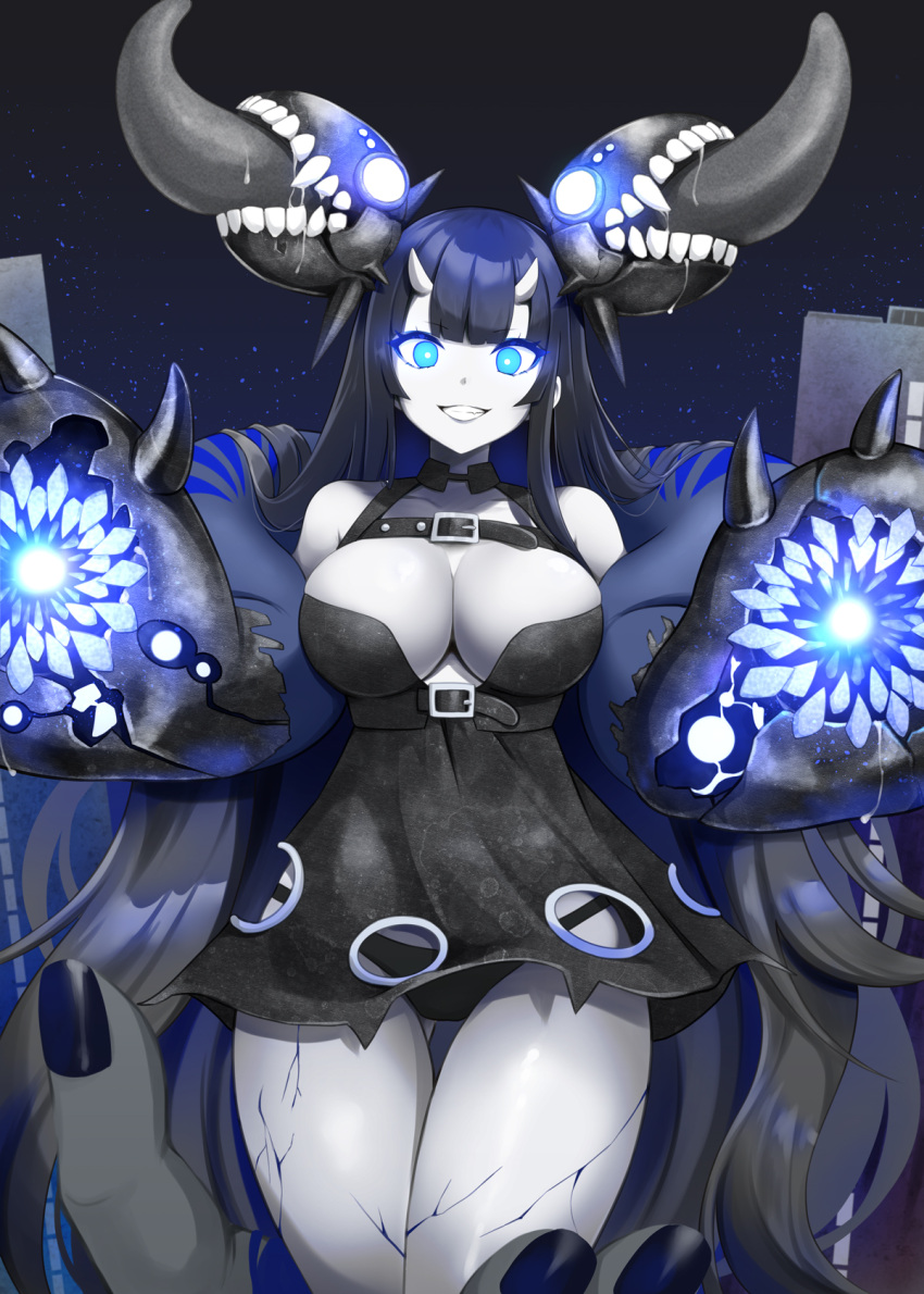 1girl abyssal_ship atoll_aircraft_carrier_anchorage_princess bare_shoulders black_dress black_hair black_panties blue_eyes breasts cleavage colored_skin cracked_skin dress glowing glowing_eyes grey_skin grin highres horns kantai_collection kodama_(mmt_uf) large_breasts long_hair looking_at_viewer panties saliva simple_background smile solo teeth underwear very_long_hair white_skin