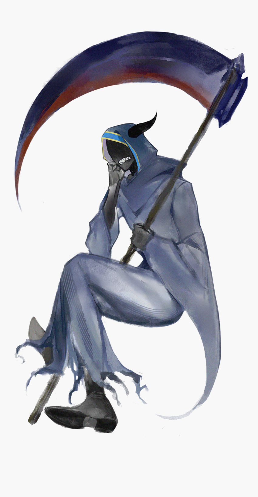 1boy black_skin black_souls blue_cloak clenched_teeth cloak colored_skin crossed_legs facing_viewer full_body hein_(black_souls) highres holding holding_scythe hood hood_up hooded_cloak invisible_chair no_eyes scythe sharp_teeth shirt simple_background sio2_(whynotkarma) sitting solo teeth white_background