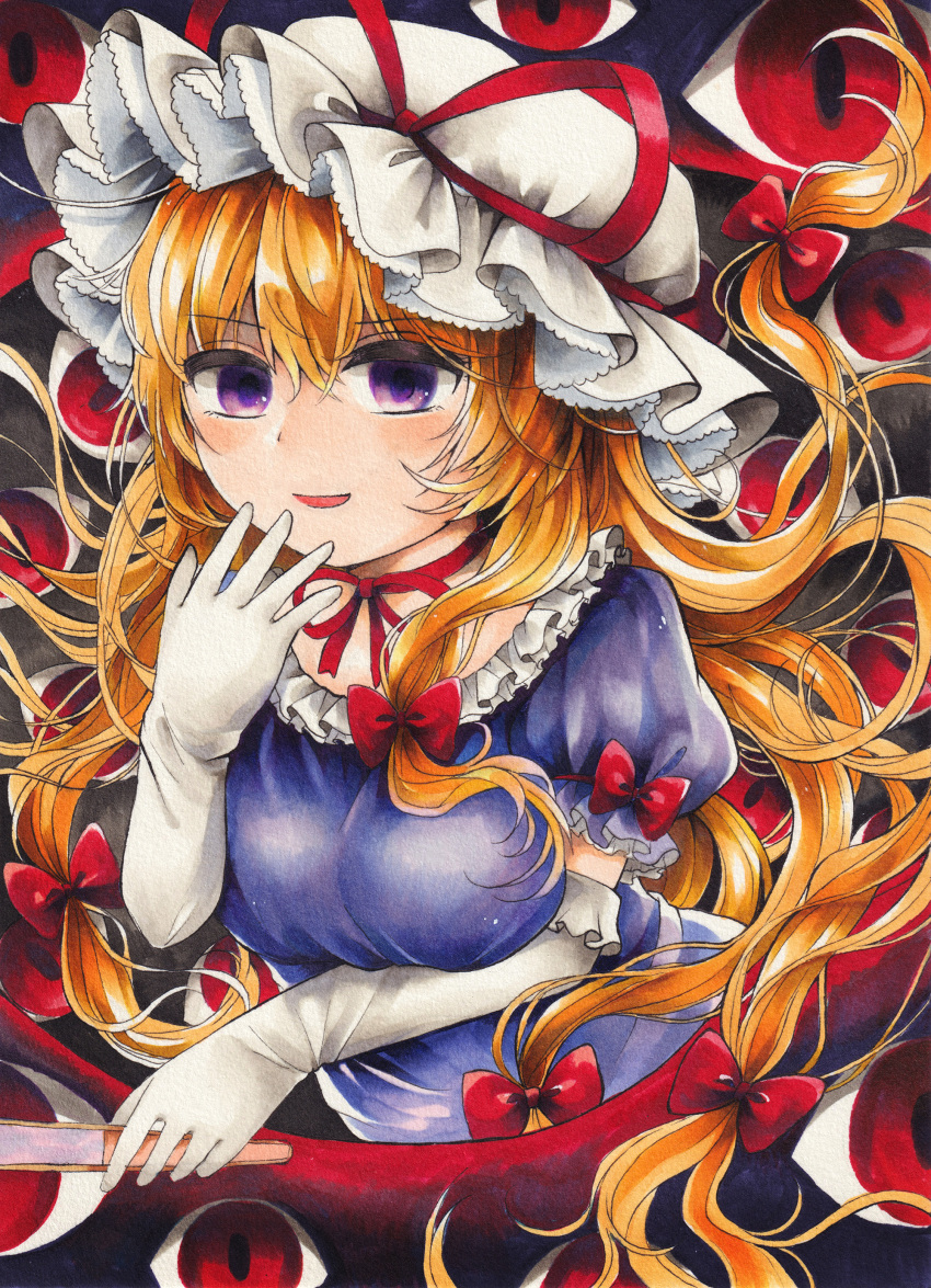 1girl absurdres blonde_hair breasts closed_fan commentary_request dress elbow_gloves eyebrows_visible_through_hair folding_fan frilled_shirt_collar frilled_sleeves frills gap_(touhou) gloves hair_between_eyes hand_fan hat hat_ribbon highres holding long_hair looking_at_viewer maa_(forsythia1729) marker_(medium) medium_breasts mob_cap neck_ribbon open_mouth puffy_short_sleeves puffy_sleeves purple_dress purple_eyes red_ribbon ribbon short_sleeves solo touhou traditional_media upper_body very_long_hair white_gloves white_headwear yakumo_yukari
