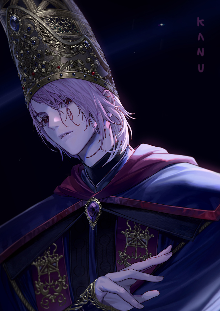 1boy blue_gemstone cropped crown elden_ring fingernails gem genderswap genderswap_(ftm) highres kim_hana male_focus parted_lips pink_hair purple_gemstone red_eyes red_gemstone rennala_queen_of_the_full_moon signature solo star_(sky) turtleneck