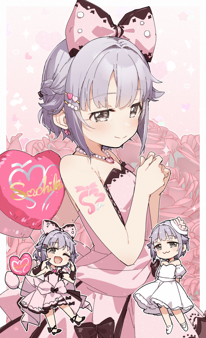 1girl :3 ;d balloon blush bow character_name chibi chibi_inset commentary_request dress floral_background hair_bow hair_flaps half_updo hand_on_own_hip heart_balloon highres idolmaster idolmaster_cinderella_girls koshimizu_sachiko looking_at_viewer multiple_views one_eye_closed open_mouth pink_dress purple_hair short_hair smile strapless strapless_dress yukie_(kusaka_shi)