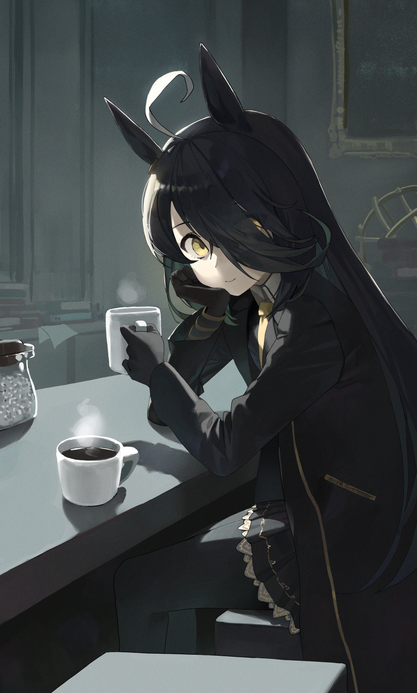 1girl absurdres ahoge animal_ears black_coat black_gloves black_hair black_pantyhose c2h6o closed_mouth coat commentary cup gloves hair_between_eyes hair_over_one_eye highres holding holding_cup horse_ears horse_girl indoors long_hair long_sleeves looking_at_viewer manhattan_cafe_(umamusume) mug necktie pantyhose sitting solo steam stool table umamusume very_long_hair white_hair yellow_eyes yellow_necktie