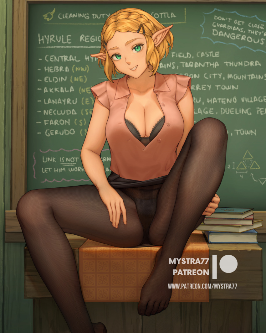 1girl alternate_costume black_skirt blonde_hair blue_eyes book book_stack braid breasts brown_pantyhose brown_shirt chalkboard character_name clothes_lift collarbone crown_braid english_text green_eyes hair_ornament hairclip highres indoors looking_at_viewer mystra77 no_shoes pantyhose parted_bangs pointy_ears princess_zelda shirt short_hair sitting skirt skirt_lift smile solo the_legend_of_zelda the_legend_of_zelda:_tears_of_the_kingdom