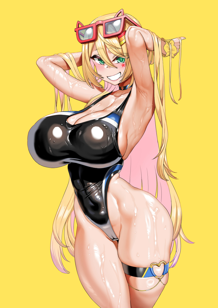 1girl absurdres armpits arms_behind_head blonde_hair blush breasts camel choker cleavage cum era_(erasion) explosive eyewear_on_head facial grenade grin hair_between_eyes hair_ornament hairclip highres large_breasts long_hair looking_at_viewer one-piece_swimsuit outerplane shiny_skin simple_background smile solo sunglasses swimsuit thigh_strap very_long_hair yellow_background