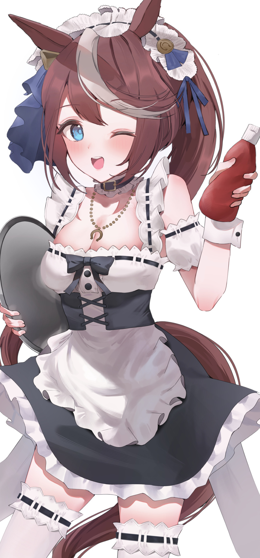 1girl absurdres alternate_costume animal_ears blue_eyes blush breasts brown_hair collarbone enmaided hair_between_eyes hair_ornament highres holding horse_ears horse_girl horse_tail jewelry ketchup long_hair looking_at_viewer maid maid_headdress necklace one_eye_closed ponytail simple_background small_breasts smile solo tail thighhighs tokai_teio_(umamusume) tray umamusume white_background yokawa_nagi