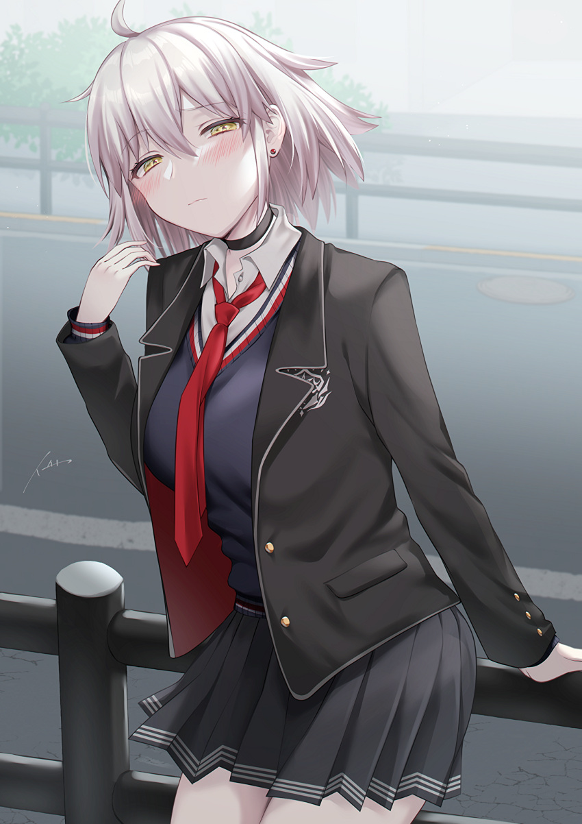 1girl ahoge blush breasts fate/grand_order fate_(series) grey_hair highres ichi_kq jeanne_d'arc_alter_(avenger)_(fate) jeanne_d'arc_alter_(fate) large_breasts long_sleeves looking_at_viewer school_uniform short_hair skirt solo yellow_eyes