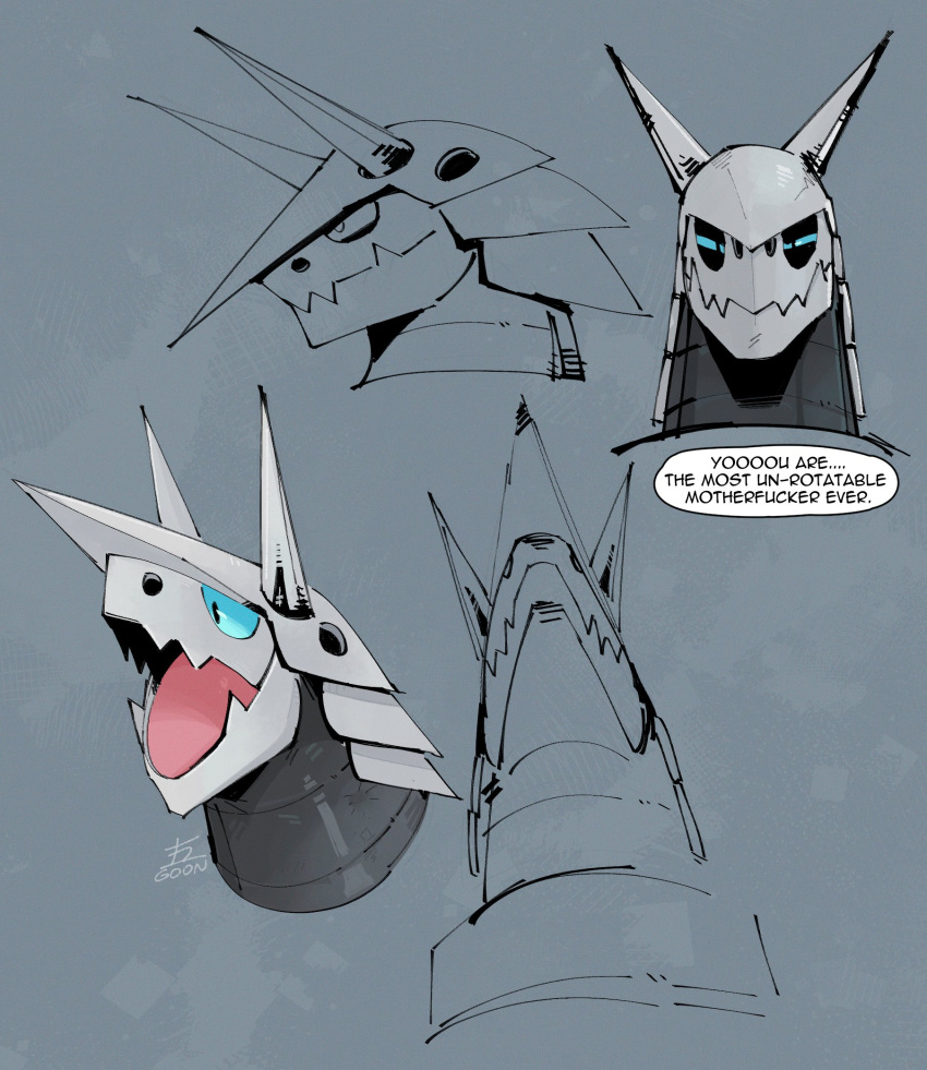 aggron ambiguous_gender anthro biped black_body black_eyes blue_sclera dialogue generation_3_pokemon goonie-san grey_background hi_res low-angle_view narrowed_eyes nintendo open_mouth pokemon pokemon_(species) simple_background solo white_body