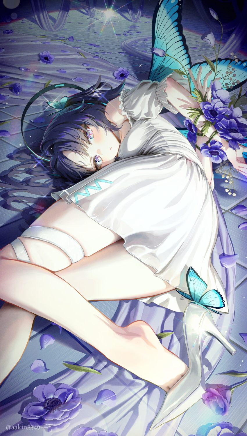 1girl aakin5349 absurdres bare_shoulders blue_archive blue_eyes blue_hair blush bound bound_arms breasts bug butterfly butterfly_wings dress flower halo high_heels highres insect_wings looking_at_viewer lying on_side petals purple_flower short_sleeves skindentation small_breasts solo thigh_strap white_dress wings yuuka_(blue_archive)
