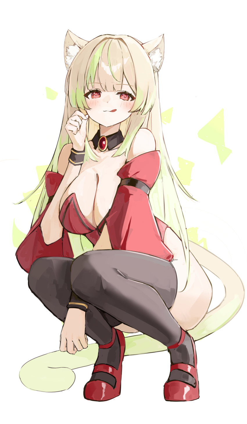 1girl absurdres animal_ears blonde_hair cat_ears commission detached_sleeves green_hair highres licking_lips long_hair looking_at_viewer multicolored_hair original red_eyes shiro_wa_(shiroshironix) skeb_commission solo squatting tail thighhighs tongue tongue_out