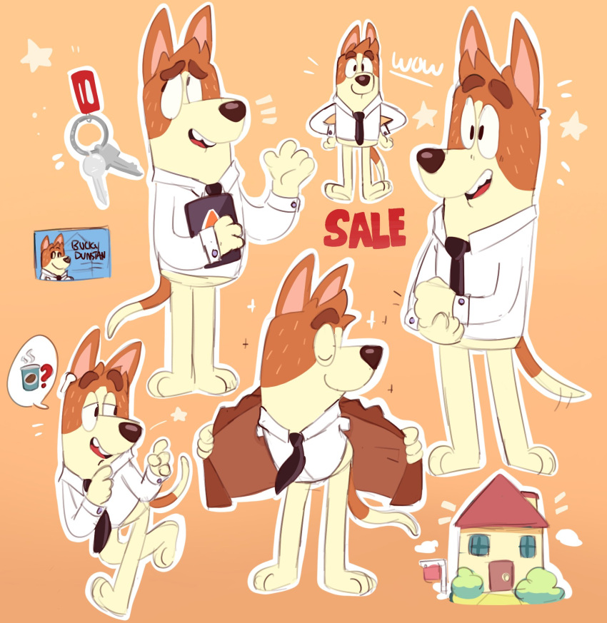 anthro beverage bluey_(series) bucky_dunstan building canid canine canis clothing coffee domestic_dog english_text gesture hand_gesture hi_res house hunting_dog jacket key male mammal necktie nervous_smile pointing shaibey shirt simple_background smile solo star terrier text topwear toy_dog toy_fox_terrier