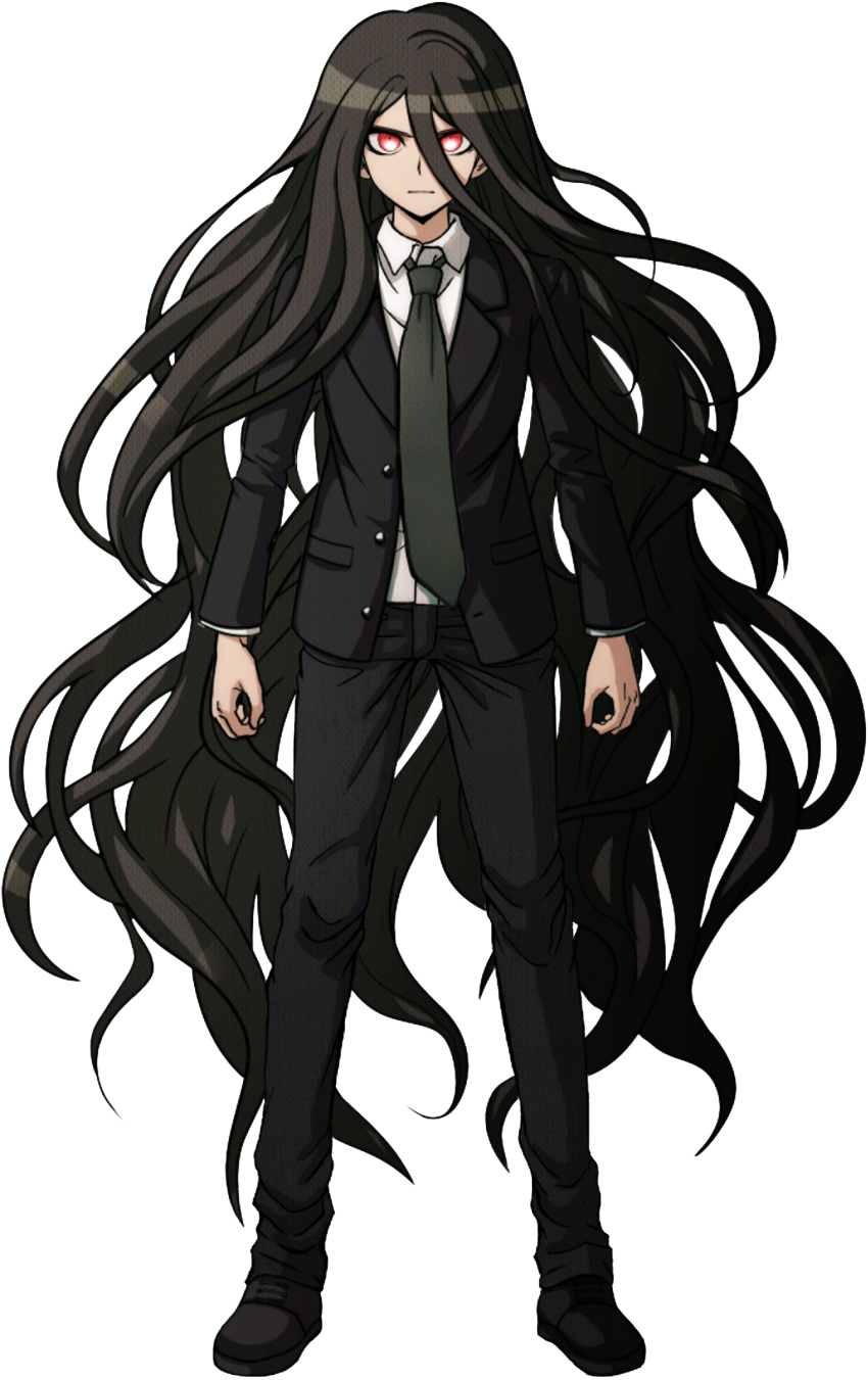 1boy black_footwear black_hair black_jacket black_necktie black_pants chomaeki collared_shirt danganronpa_(series) danganronpa_2:_goodbye_despair danganronpa_3_(anime) formal full_body green_necktie highres jacket kamukura_izuru long_hair necktie pants red_eyes shirt shoes solo very_long_hair